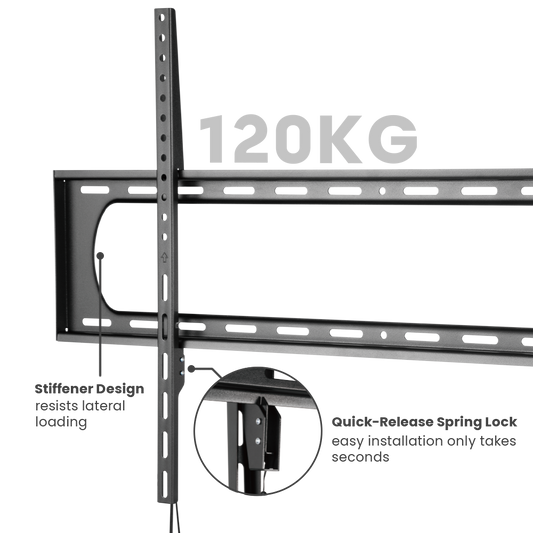 VSYS VS01A-69F large-format fixed wall mount, 120kg capacity, stiffener design and quick-release spring lock