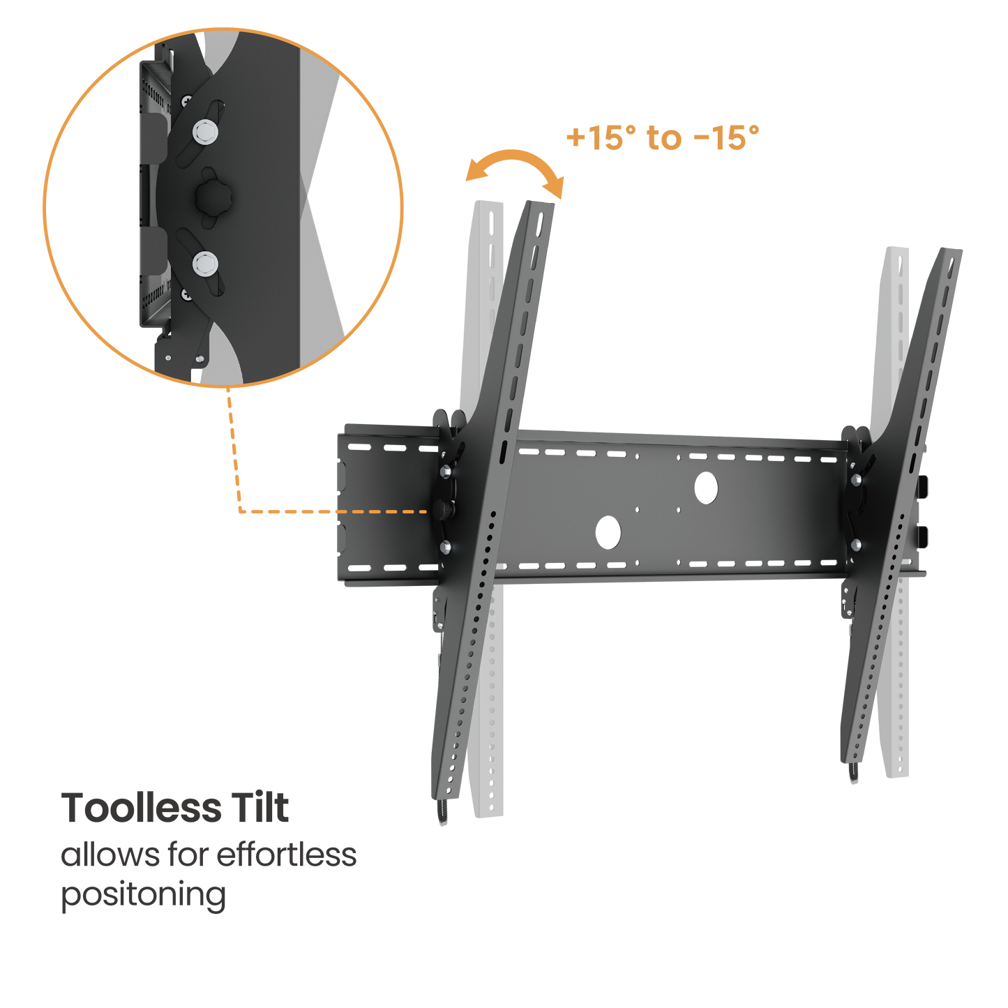 VSYS VS01XL-810T tilt TV wall mount showing toolless tilt from plus 15 to minus 15 degrees