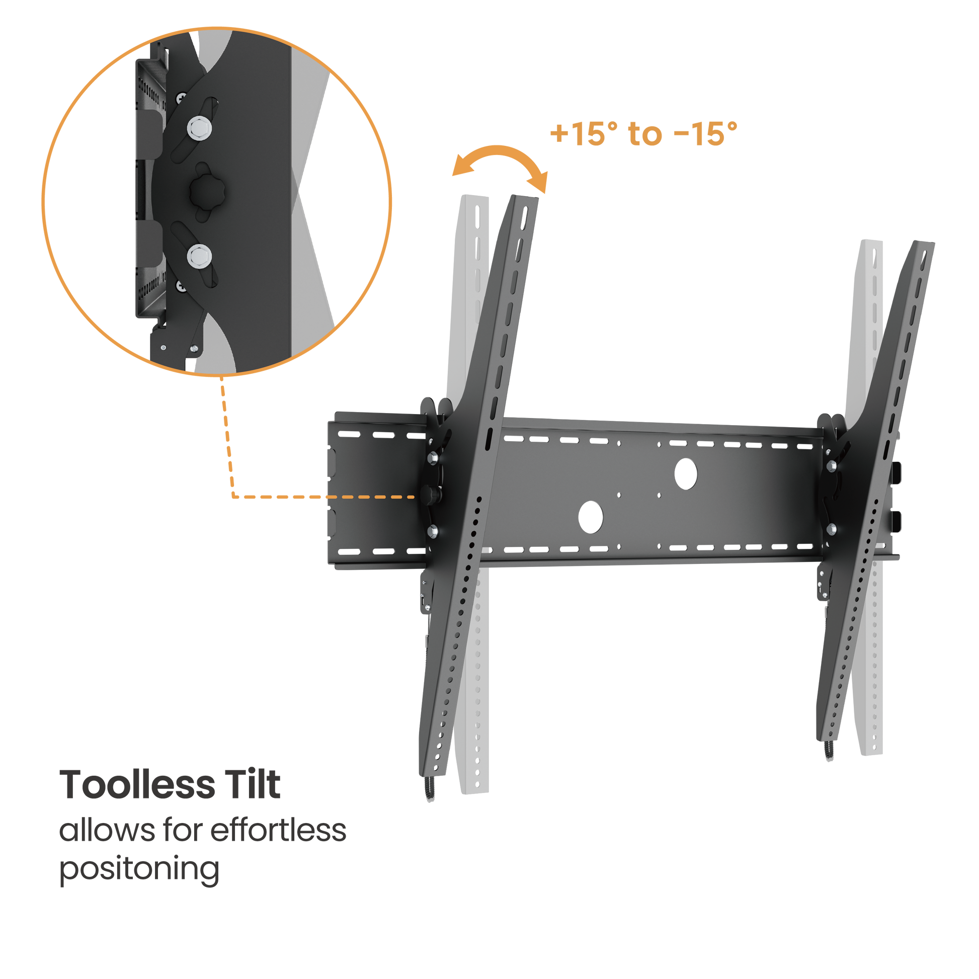 VSYS VS01XL-810T tilt TV wall mount showing toolless tilt from plus 15 to minus 15 degrees