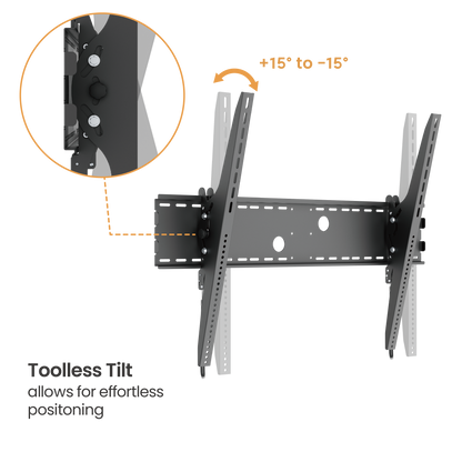 VSYS VS01XL-810T tilt TV wall mount showing toolless tilt from plus 15 to minus 15 degrees