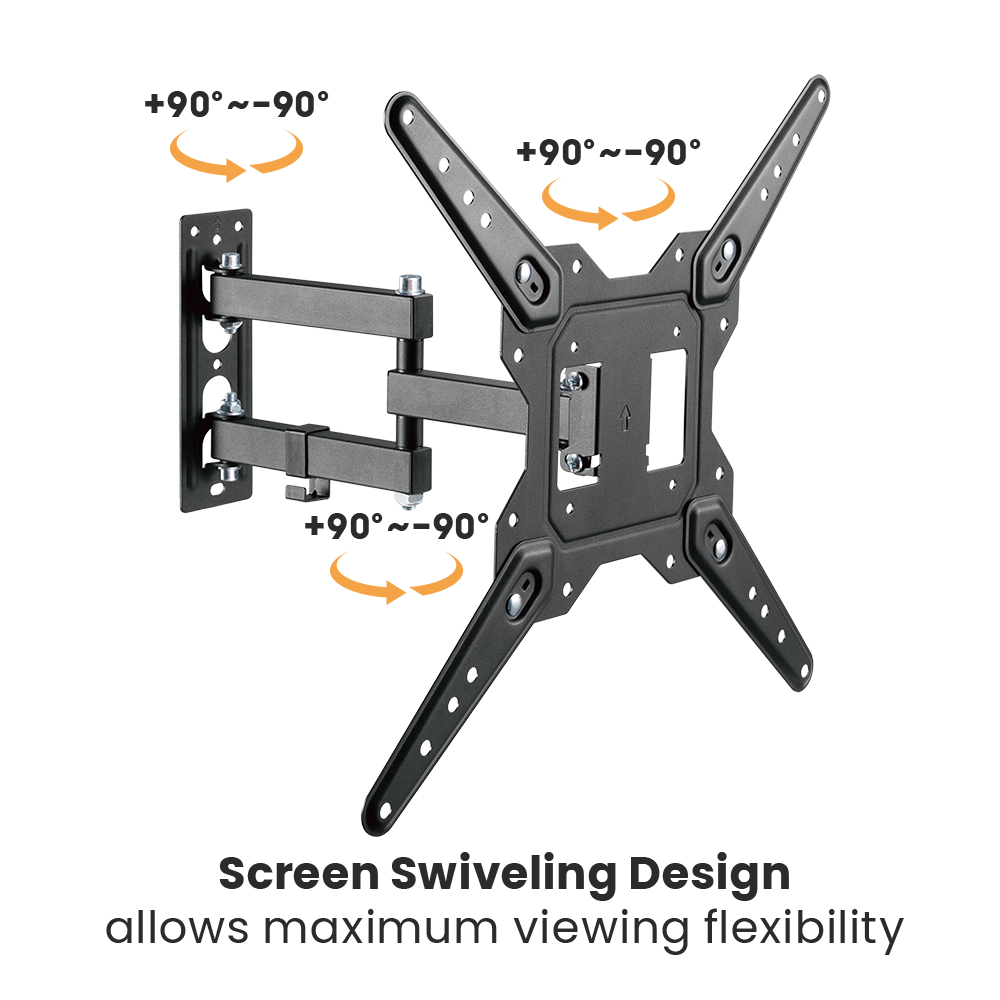 VSYS VS02E-443 mount showing swivel range plus 90 to minus 90 degrees