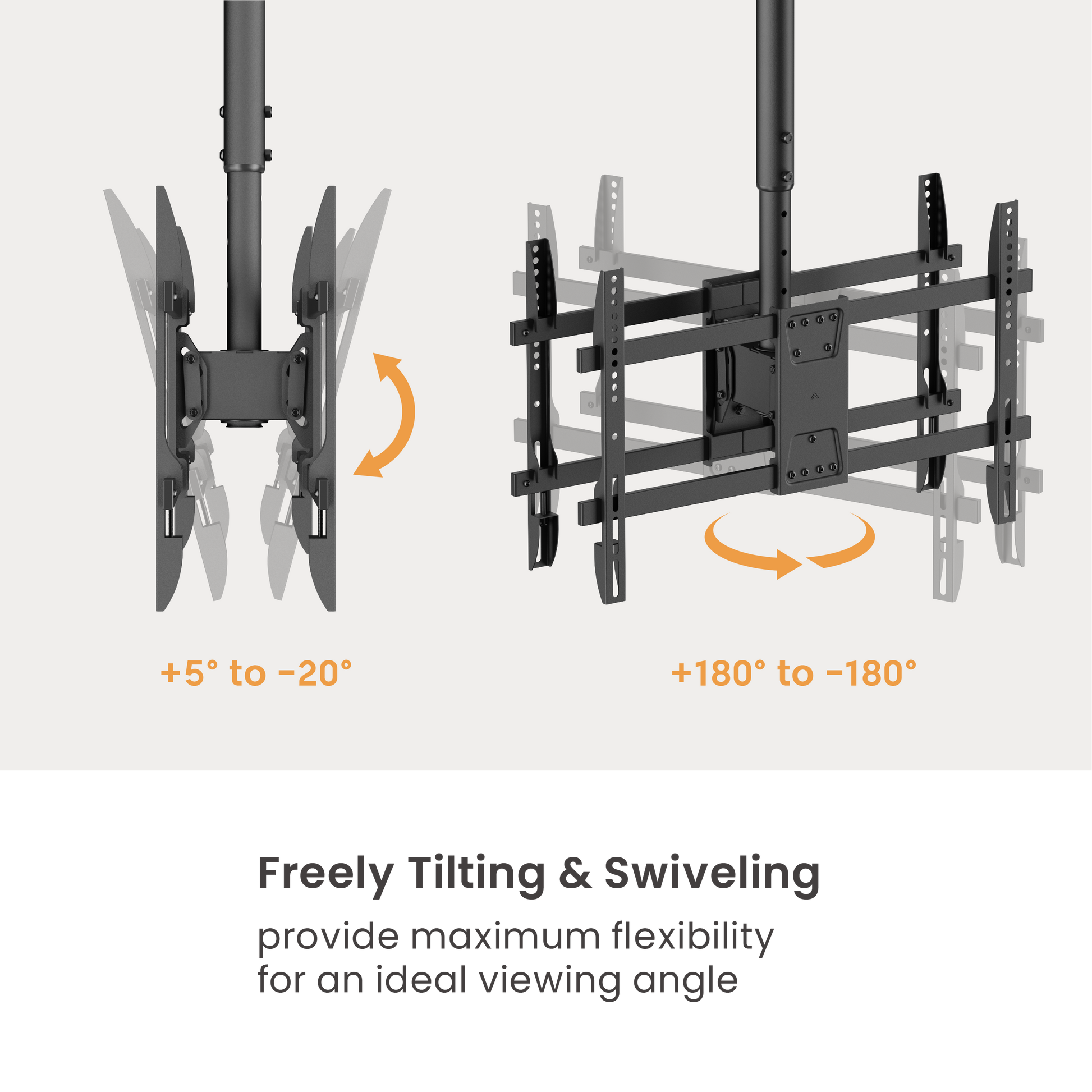 VSYS VCM-CE1546BL dual screen ceiling mount tilt and rotation range