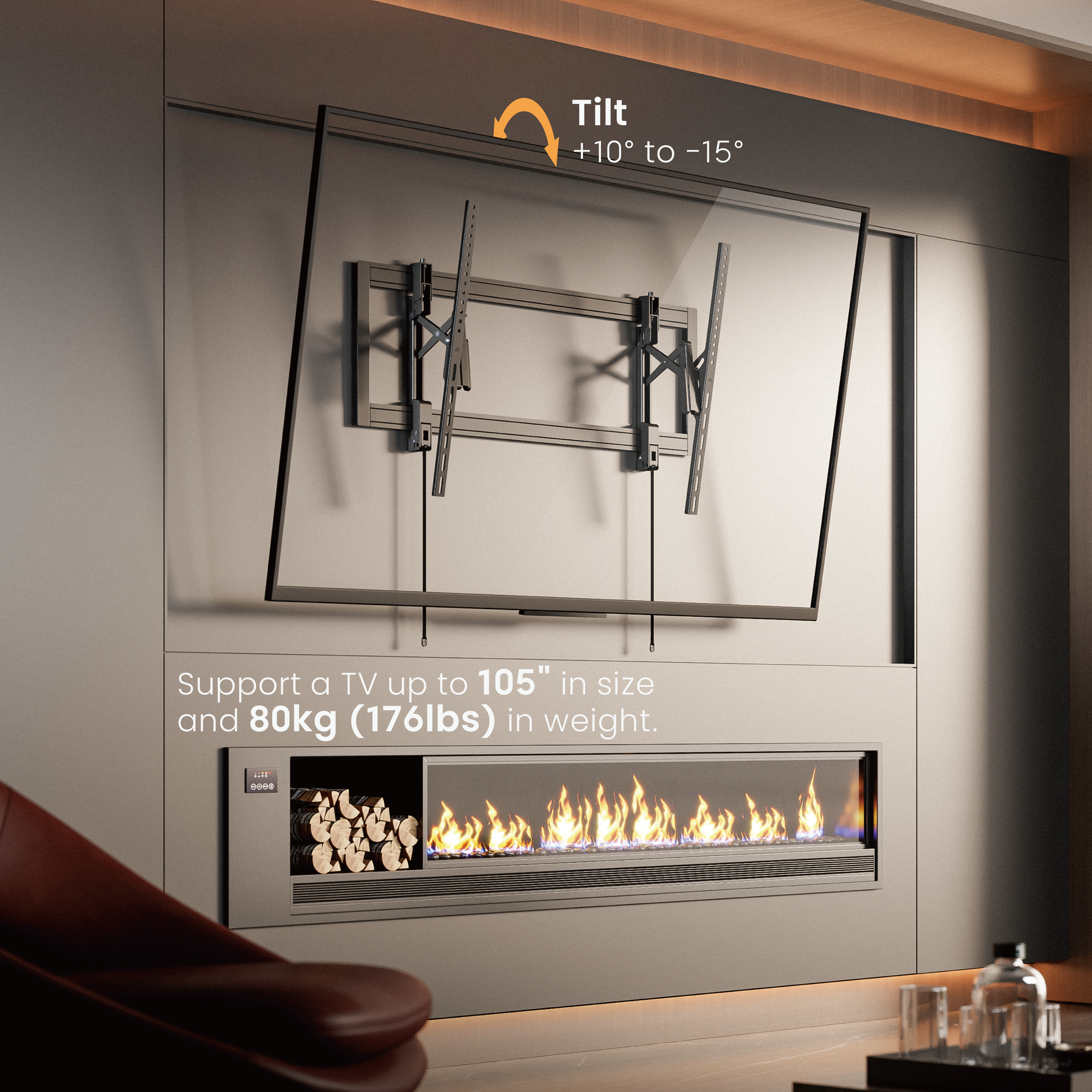 VSYS VS03P-610T mounted above a fireplace showing tilt angle