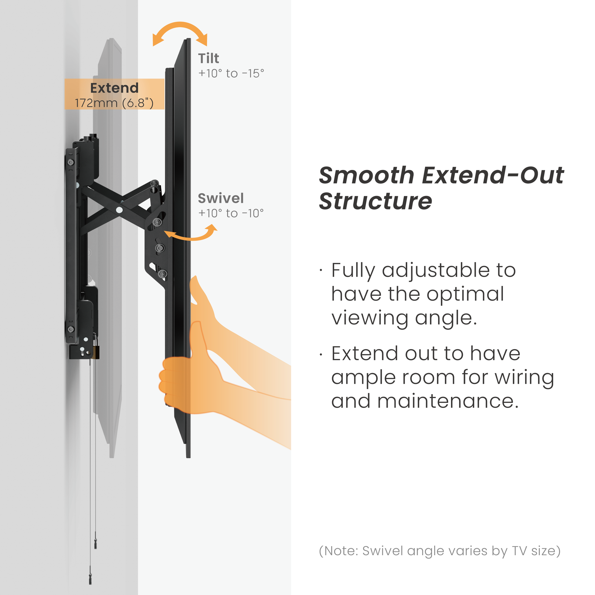 VSYS VS03P-610T extend and swivel structure detail, 172mm extension