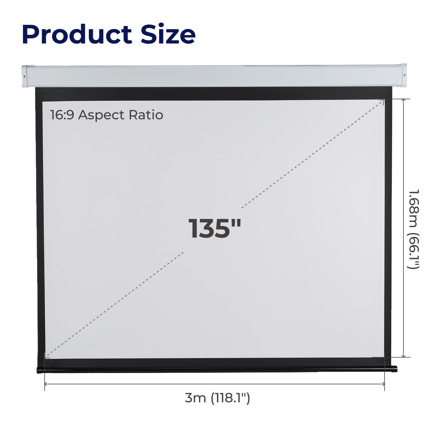 VSYS VSPS135-M projection screen product size and dimensions diagram