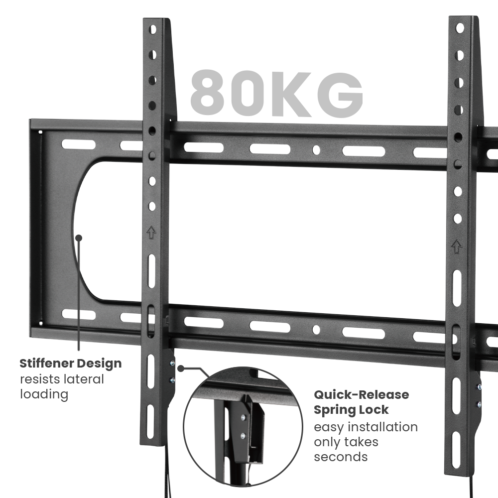 VSYS VS01A-46F heavy-duty fixed TV wall mount, 80kg capacity, stiffener design and quick-release spring lock