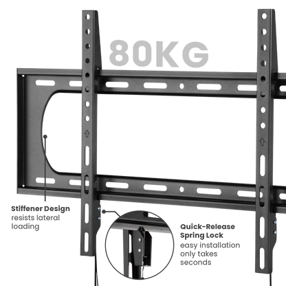 VSYS VS01A-46F heavy-duty fixed TV wall mount, 80kg capacity, stiffener design and quick-release spring lock