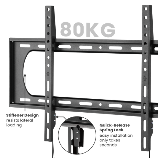 VSYS VS01A-46F heavy-duty fixed TV wall mount, 80kg capacity, stiffener design and quick-release spring lock