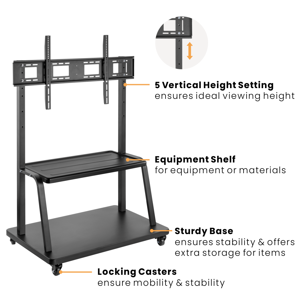 VSYS VTL-1035LE height positions, shelf, and locking casters feature