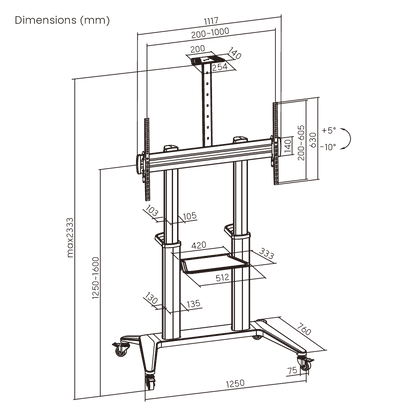 VSYS VTLX12-610TW-B aluminum TV cart dimensions diagram