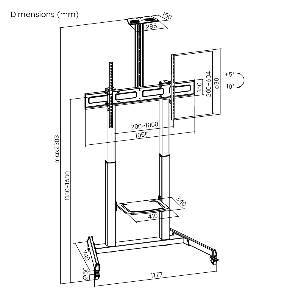 VSYS VTLX17-610TW TV cart dimensions diagram