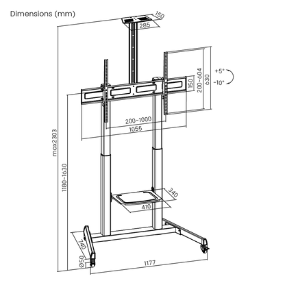 VSYS VTLX17-610TW TV cart dimensions diagram